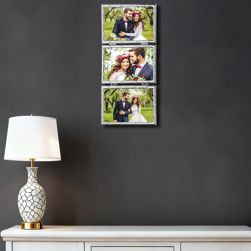 Elegant Silver Plated 4x6'' Hinged Triple Metal Picture Frame, Bamboo Detail Designs, with Real Glass & Soft Touch