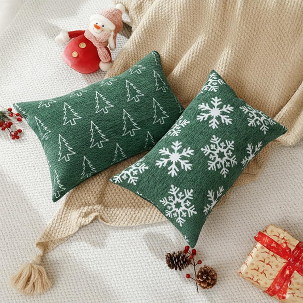 Soft Chenille Christmas Reversible Throw Pillow Covers 12x20, Holiday Double-Sided Snowflake & Tree Cushion - Set of 2