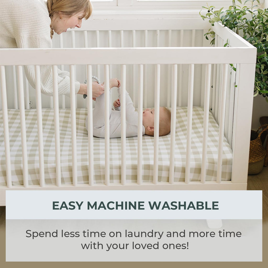 Baby Crib Sheets for Boys, Soft Cotton Blend, 2-Pack (Gingham Khaki)
