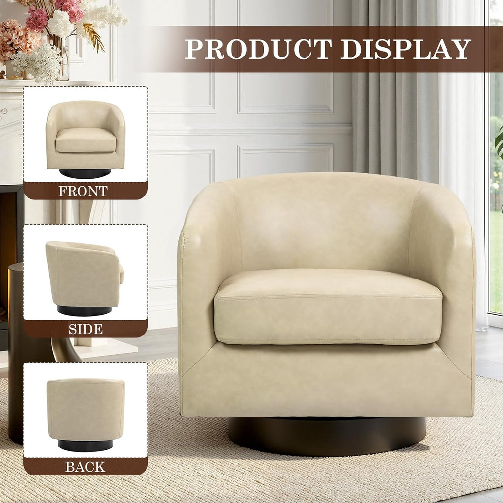Faux Leather Swivel Accent Chair, Barrel Club Armchair, Cream