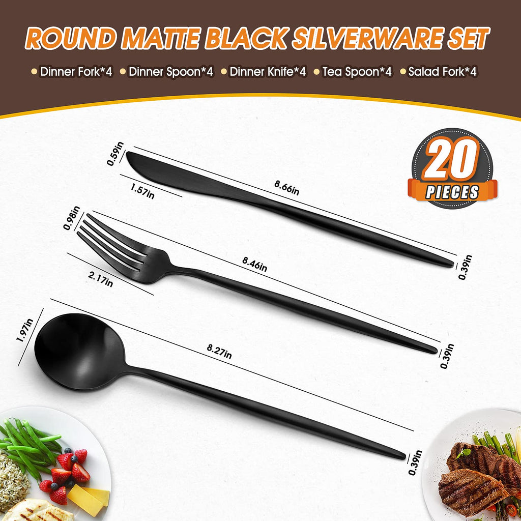 Matte Black Silverware Set, 20 Piece Stainless Steel Flatware Set, Service for 4, Satin Finish Tableware, Cutlery