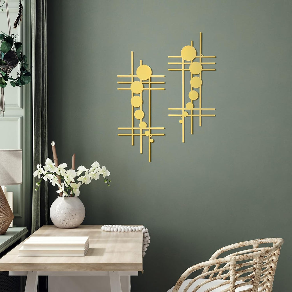 Metal Wall Art 15.75x7.09 in Vertical Abstract Geometric Gold - Set of 2