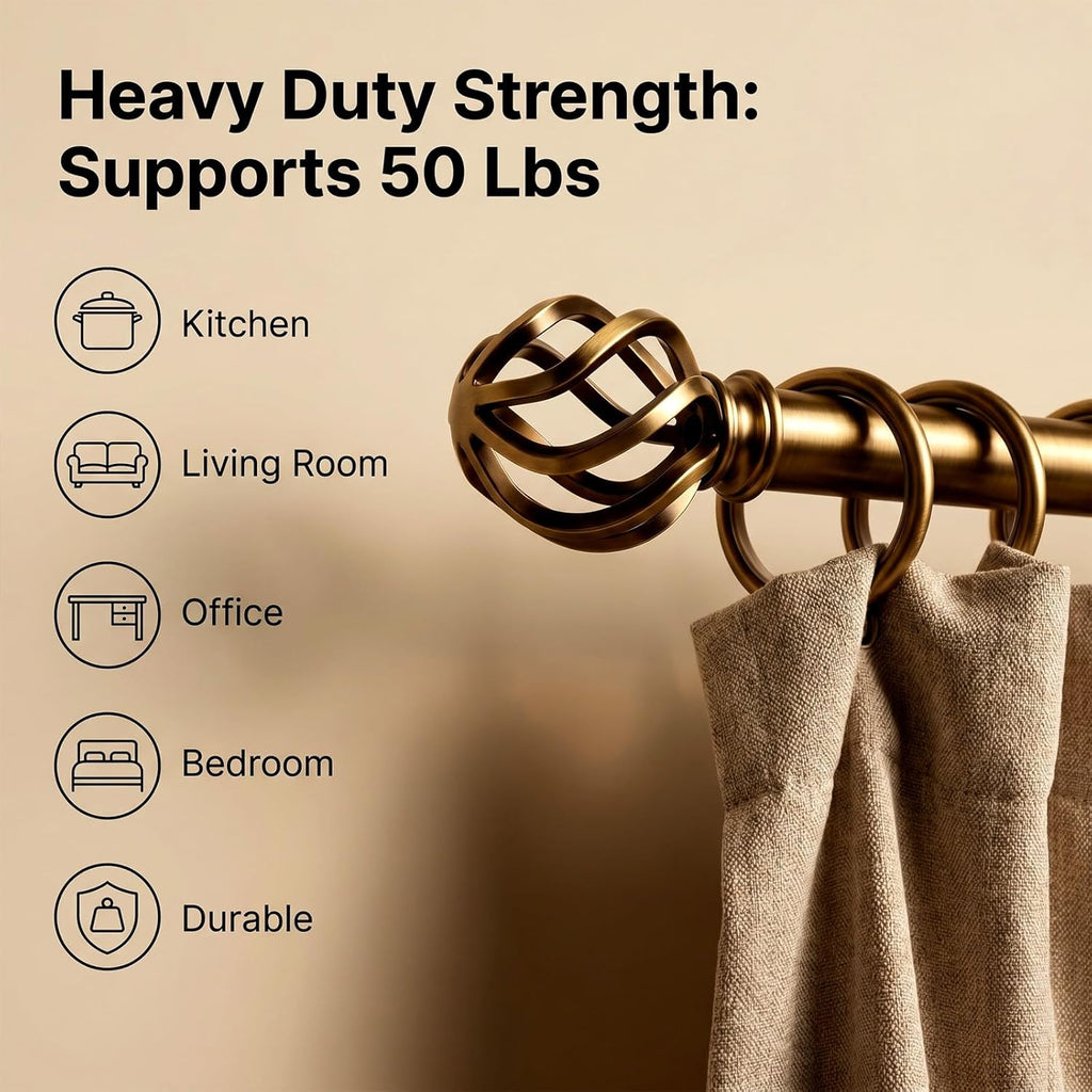 Brass Curtain Rods 18 to 88 Inches, 1 Inch Modern Drapery Rods, Adjustable Heavy Duty Curtain Rod, with Twisted Cage