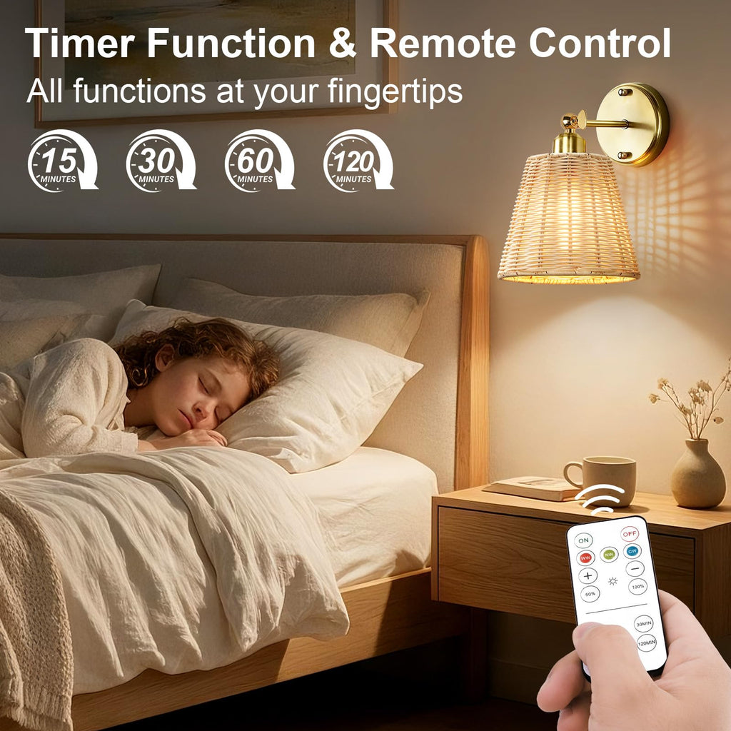 Rattan Rechargeable Battery Operated Wall Sconces Set of Two with Remote, 3 Colors Dimmable Wireless Wall Light