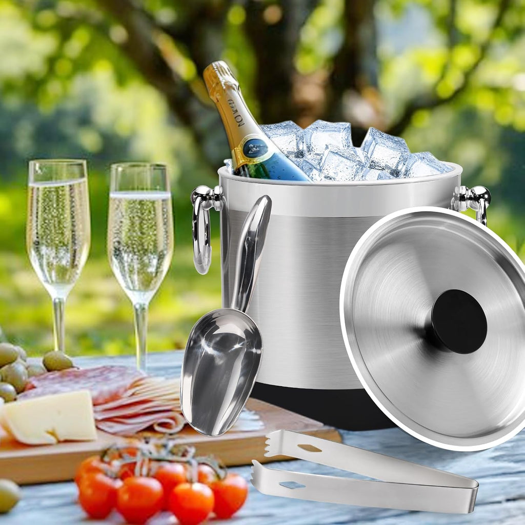 Double-Wall Stainless Steel Insulated Ice Bucket With Lid & Ice Tong [3 Liter] Included Strainer Keeps Ice Cold &