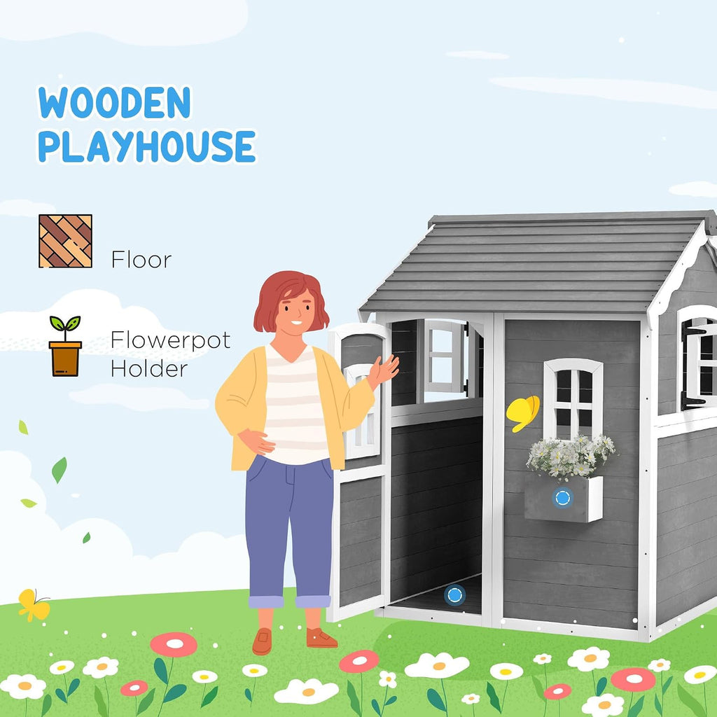 50x50x72in Kids' Outdoor Wooden Playhouse Includes Two Doors Two Windows Safety Floor PlanterBox for Children Ages 3