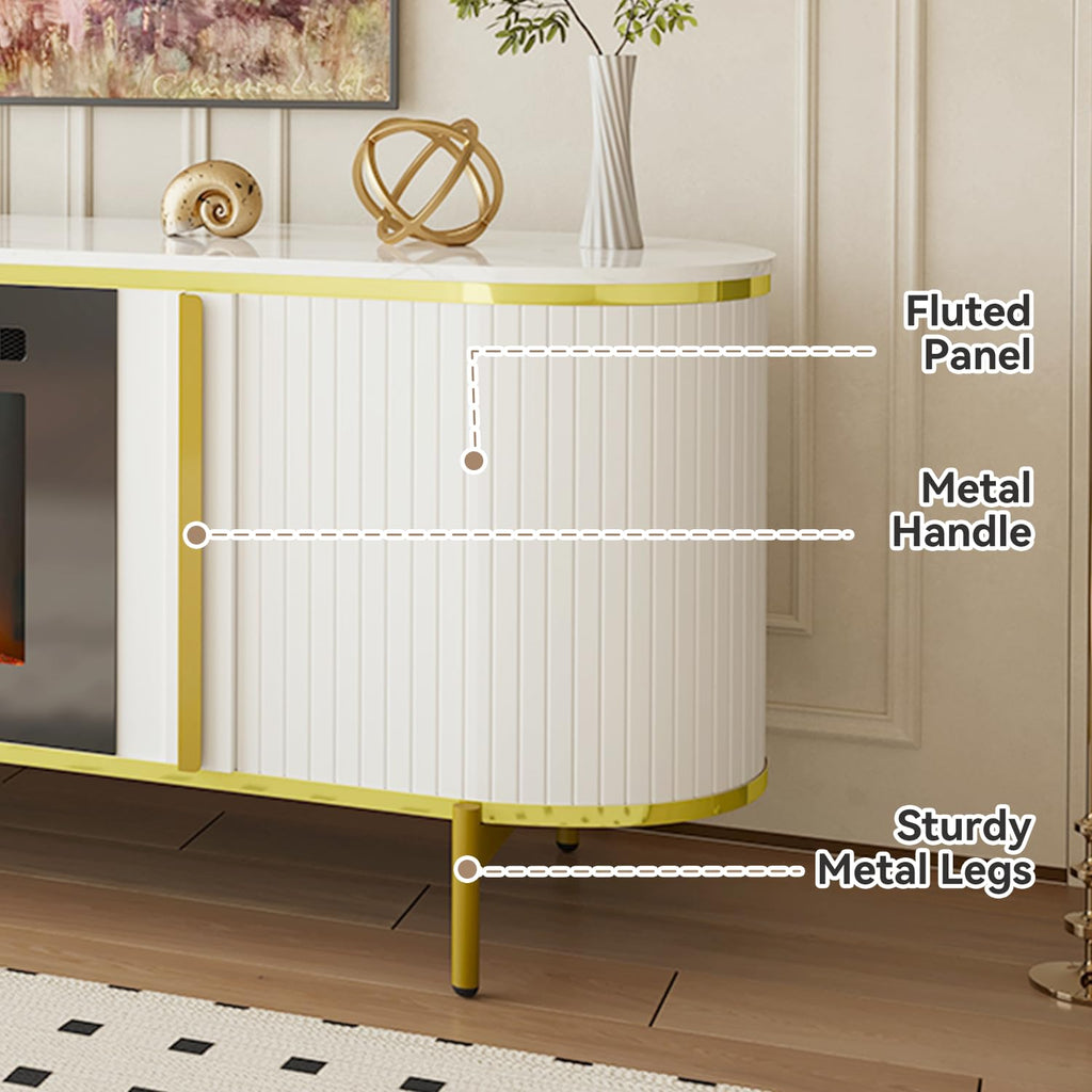 Luxury Fluted TV Stand with Fireplace, 70 inch, White