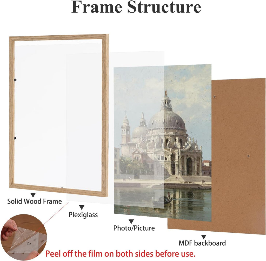 8x10 Picture Frame Set of 6 Natural Solid Oak Wood Frame | 8 by 10 Wooden Photo Frame 10x8 Beige Frame with