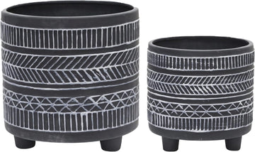 Set of 2 Tribal Look Footed Decorative Planter Pot - Ceramic Stoneware Outdoor and Indoor Plant Pot - Modern Garden