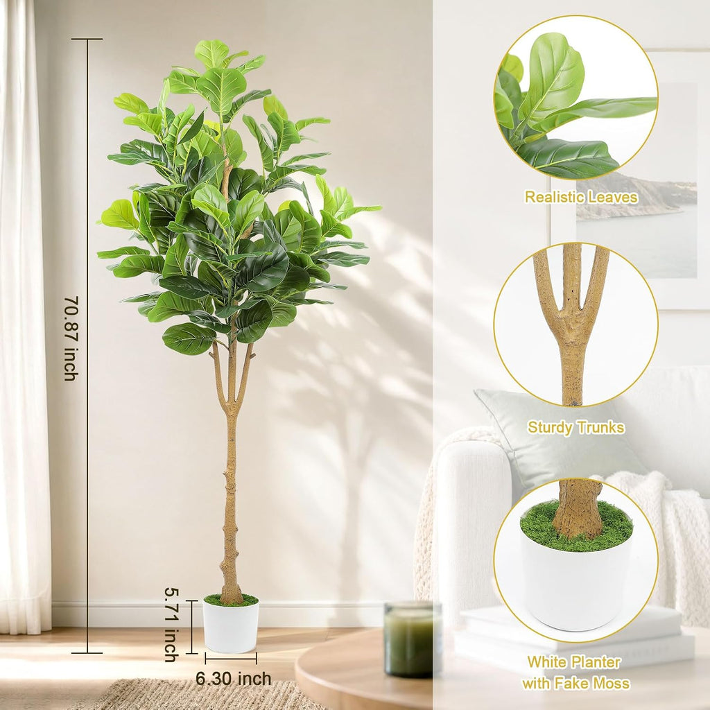 6FT Artificial Fiddle Leaf Fig Tree, Large Faux Ficus Lyrata Tree with White Planter, Fake Floor Plants Living Room