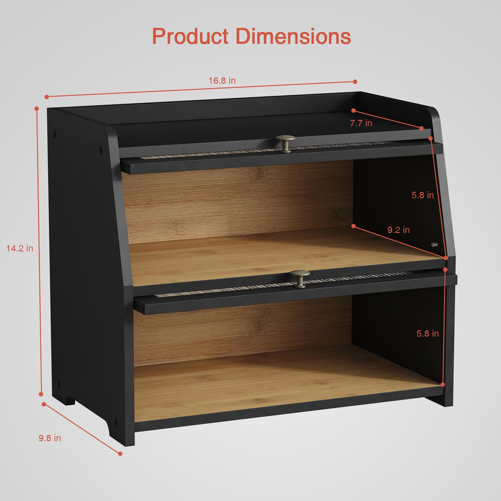 Large Countertop, Black Bread Storage Container made Bread, Double Layer Farmhouse Breadbox Organizer Counter