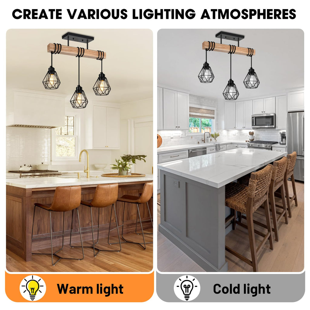Farmhouse Dining Room Pendant Light Fixtures Over Table, Rustic Solid Wood Kitchen Island Lighting Hanging