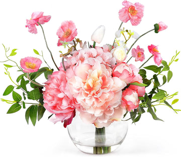 Peonies Artificial Flowers in Vase, Pink Artificial Flowers with Faux Water, Silk Peonies Flowers Arrangements Indoor