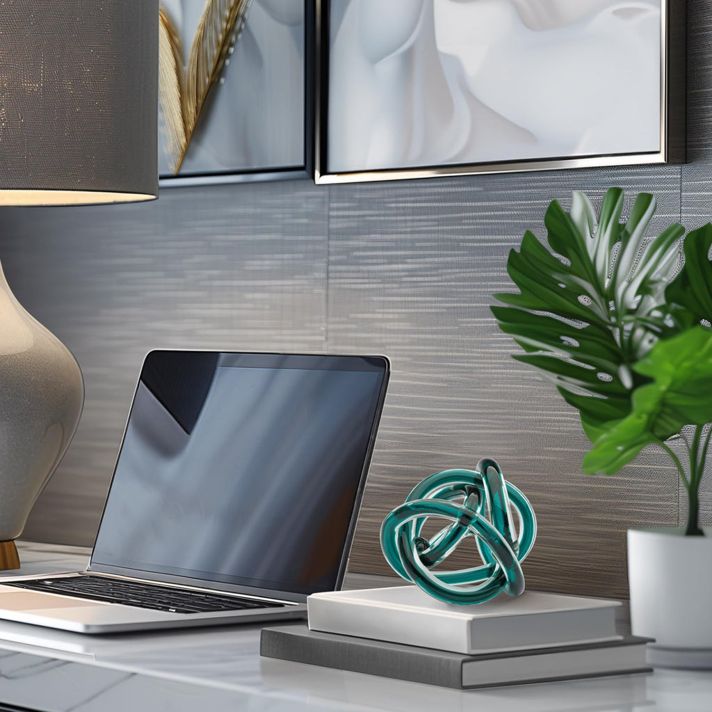 Orbit Hand Blown Glass Infinity Knot Sculpture - 4.5 Inch Glass Art Teal Knot Decor Ball Decor, Small Centerpiece