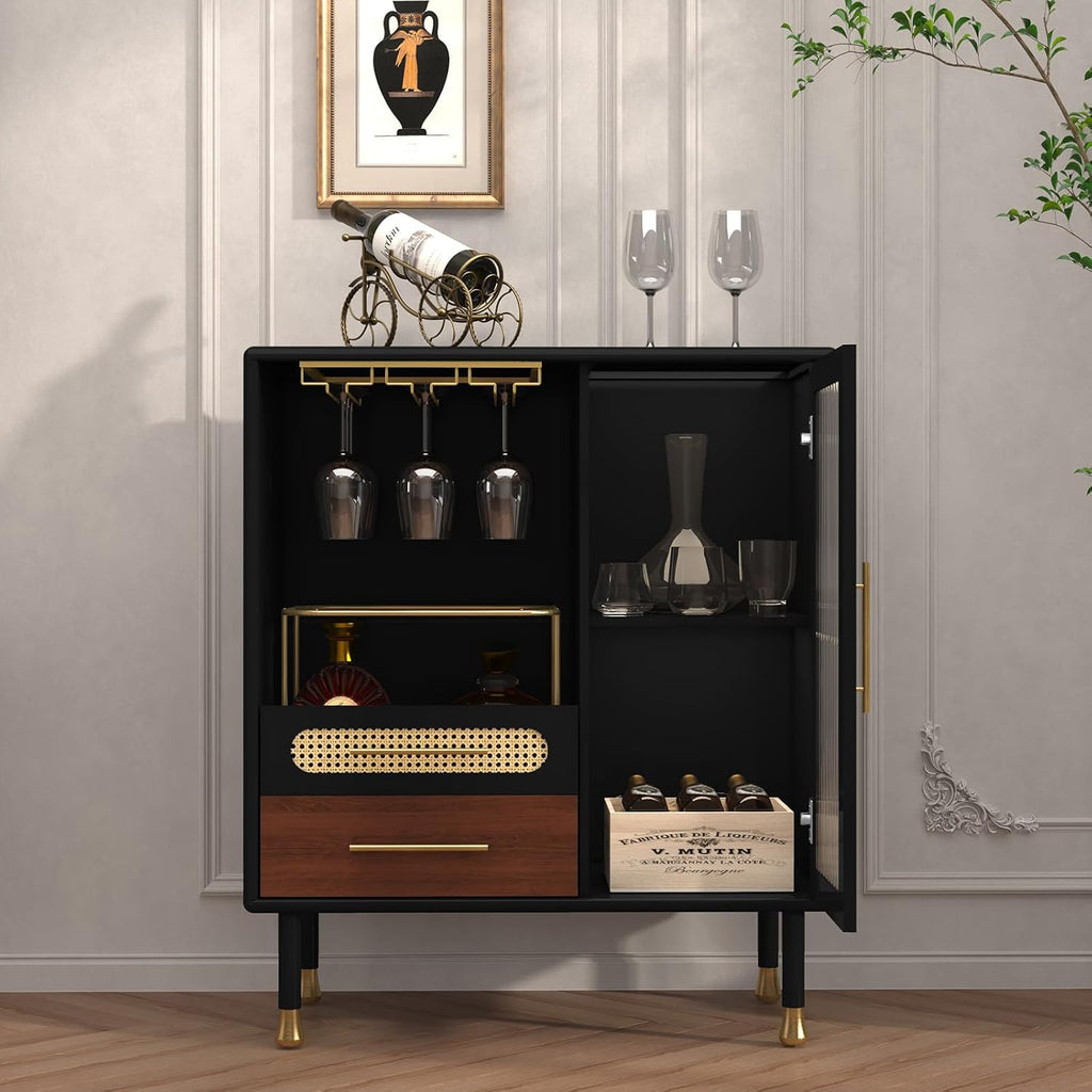Modern Coffee Bar Cabinet with Pull-Out Wine Storage, Black | Bar Cart with Wine Glass Rack and Drawers, Liquor