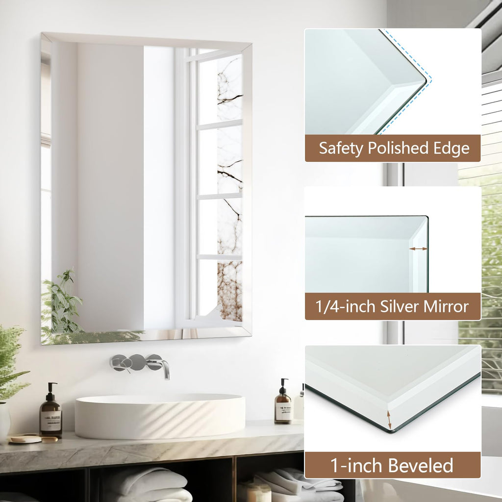 28x36 Inch Rectangle Frameless Mirror, Beveled Bathroom Mirror