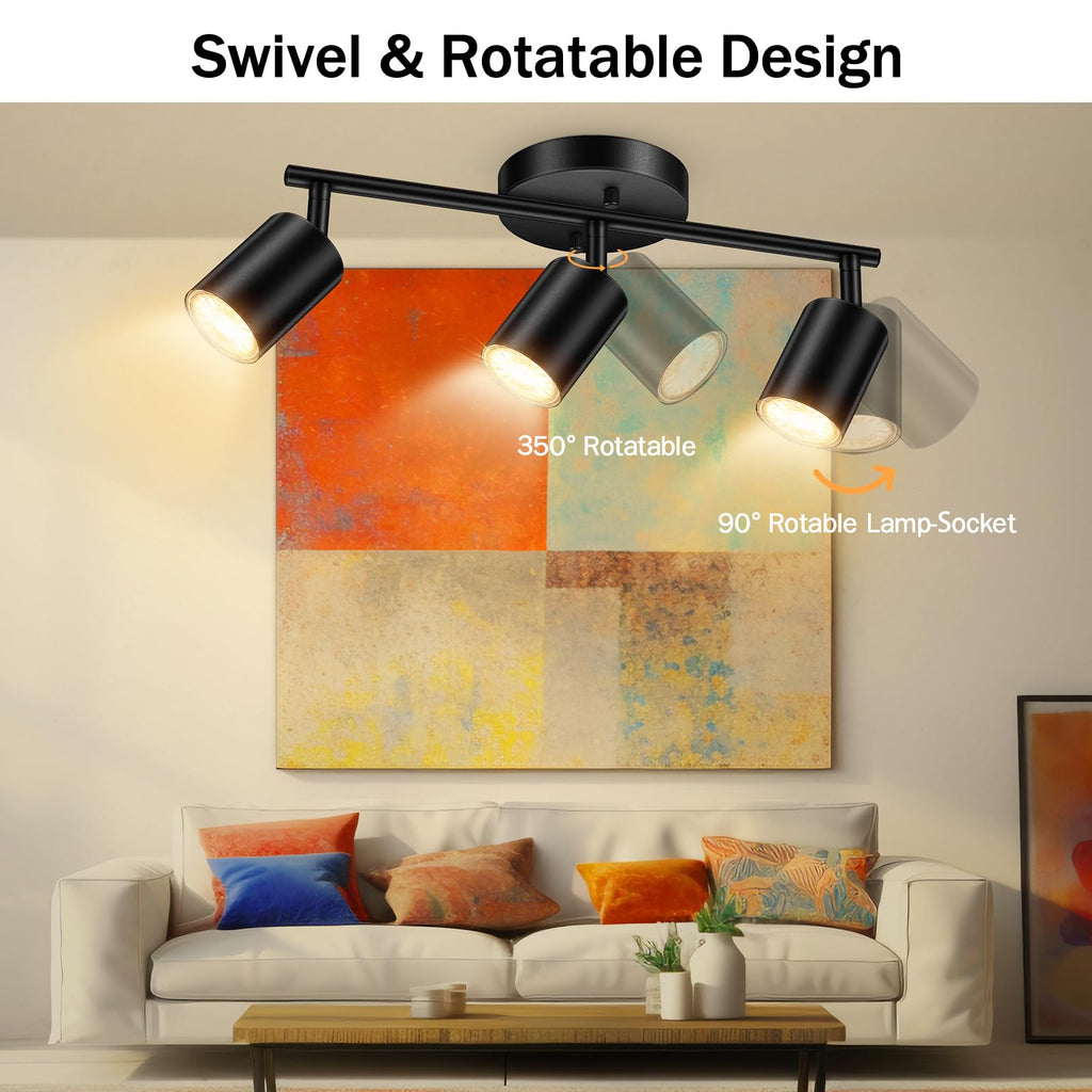 LED 3 Light Track Lighting Kit, Black 3 Way Ceiling Spot Lighting, Flexibly Rotatable Light Head, GU10 Bulb Not