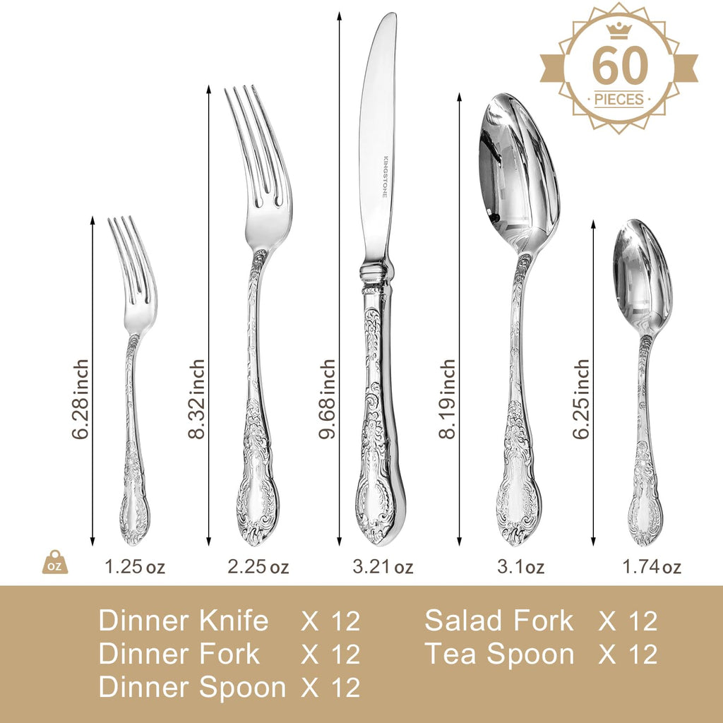 Silverware Set for 12, 60pc Vintage Flatware Set, 18/10 Stainless Steel