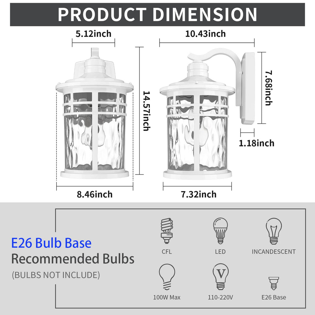 Outdoor Wall Light Fixture, 2pcs 14.57inch Large Outside Porch Lights Wall Mounted Water Ripple Glass Exterior