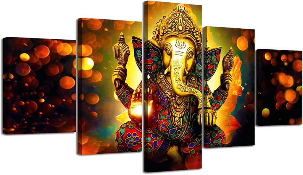 Large 5 Panel Hindu God Ganesha Wall Art - Traditional Indian Canvas Prints Decor ( Inch, Framed)