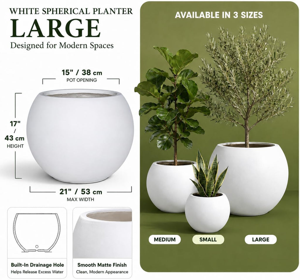 17" H x 21" Dia Round White Fiberstone Planter Pot with Drainage Hole, Extra Large Lightweight UV-Resistant Planter