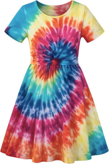 Girls Twirl Dress Girls Short Sleeve Twirly Skater Dress Tie Dye