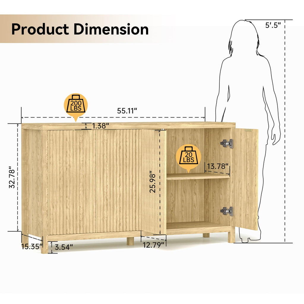 Fluted Sideboard Storage Cabinet, Sideboard Buffet Cabinet with Storage, Modern Credenza Coffee Bar Table with 4 Door
