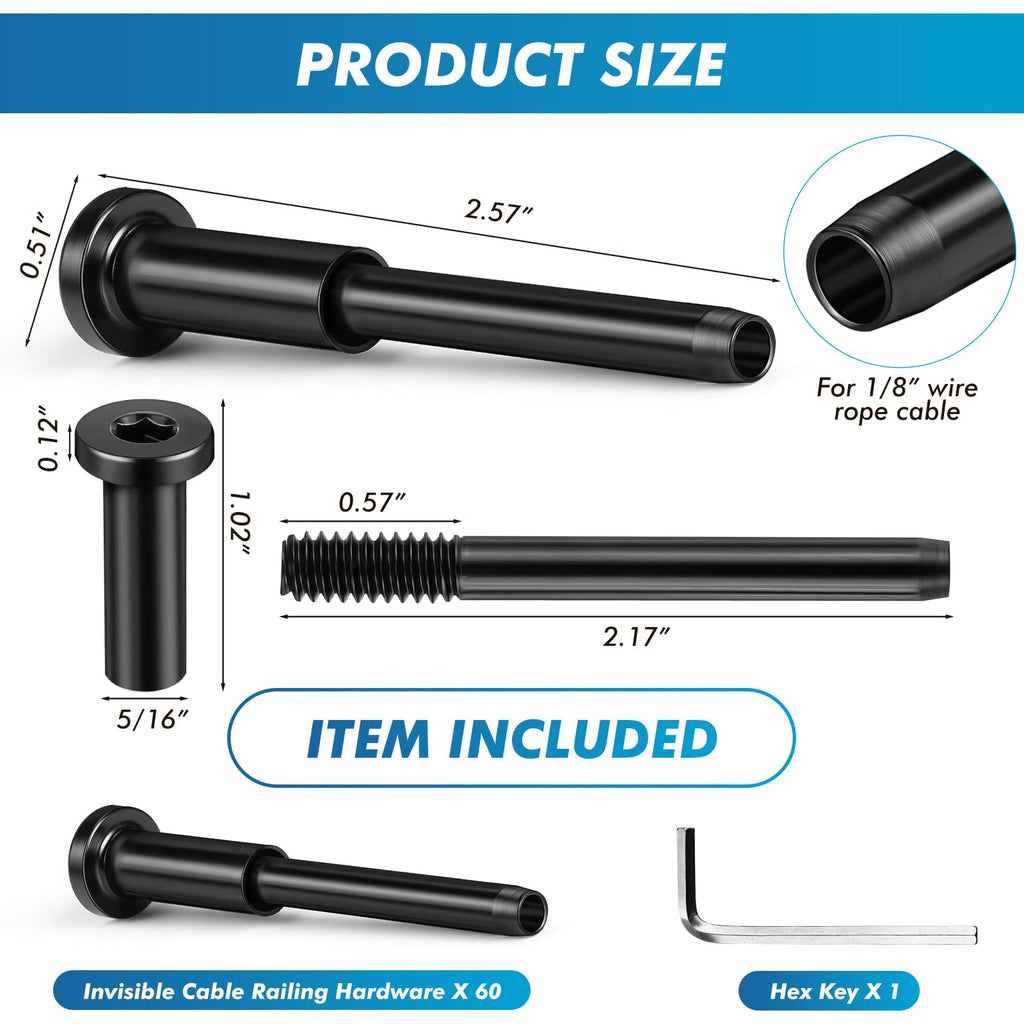 60 Pack 1/8" Invisible Cable Railing Kit T316 Stainless Steel, Black