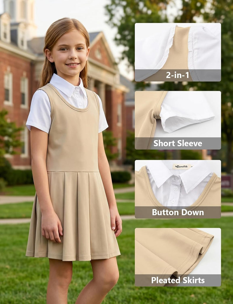 Girls 2 in 1 School Uniform Dress Short Sleeve Pleated Jumper Button Down Shirts Dresses
