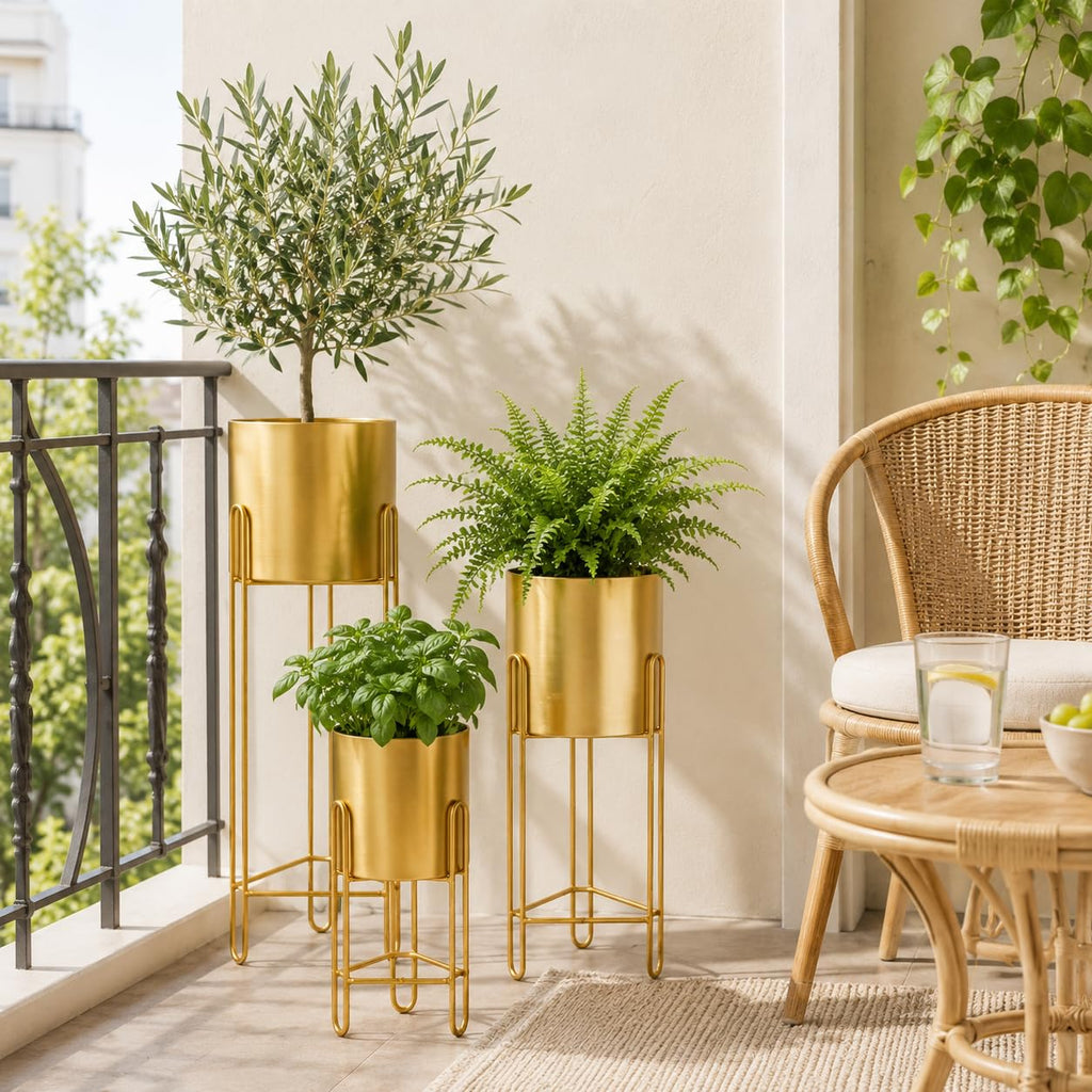 Set of 3 Large Planters with Stand Gold Planter for Indoor Plants 29 &22 &12" Tall Morden Metal Plant Pots Corner