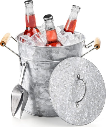 Farmhouse 4 Liter Ice Bucket with Lid, Galvanized Metal Beverage Tub with Scoop and Handles, Drink and Wine Chiller