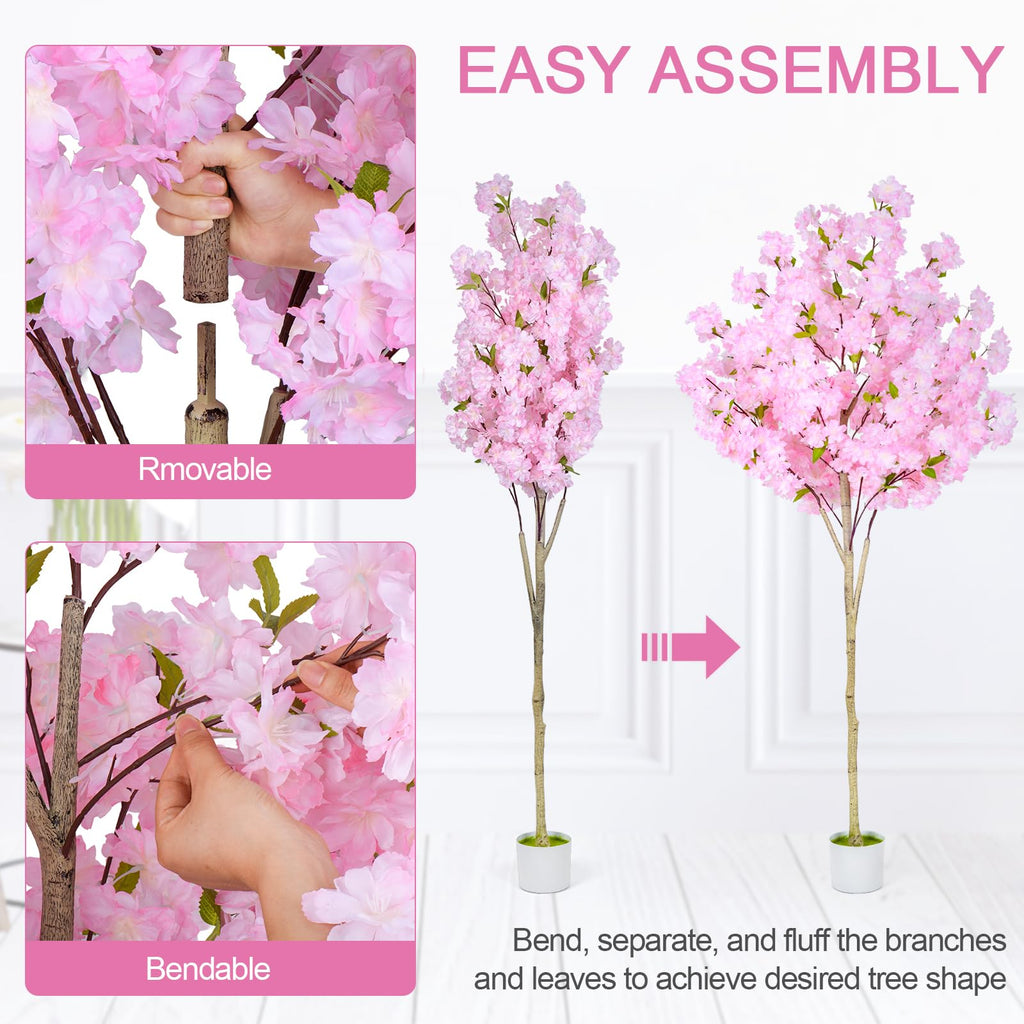 6FT Artificial Cherry Blossom Tree, Tall Fake Flower Tree with Realistic Pink Sakura Pot, Blooming Fake Plants