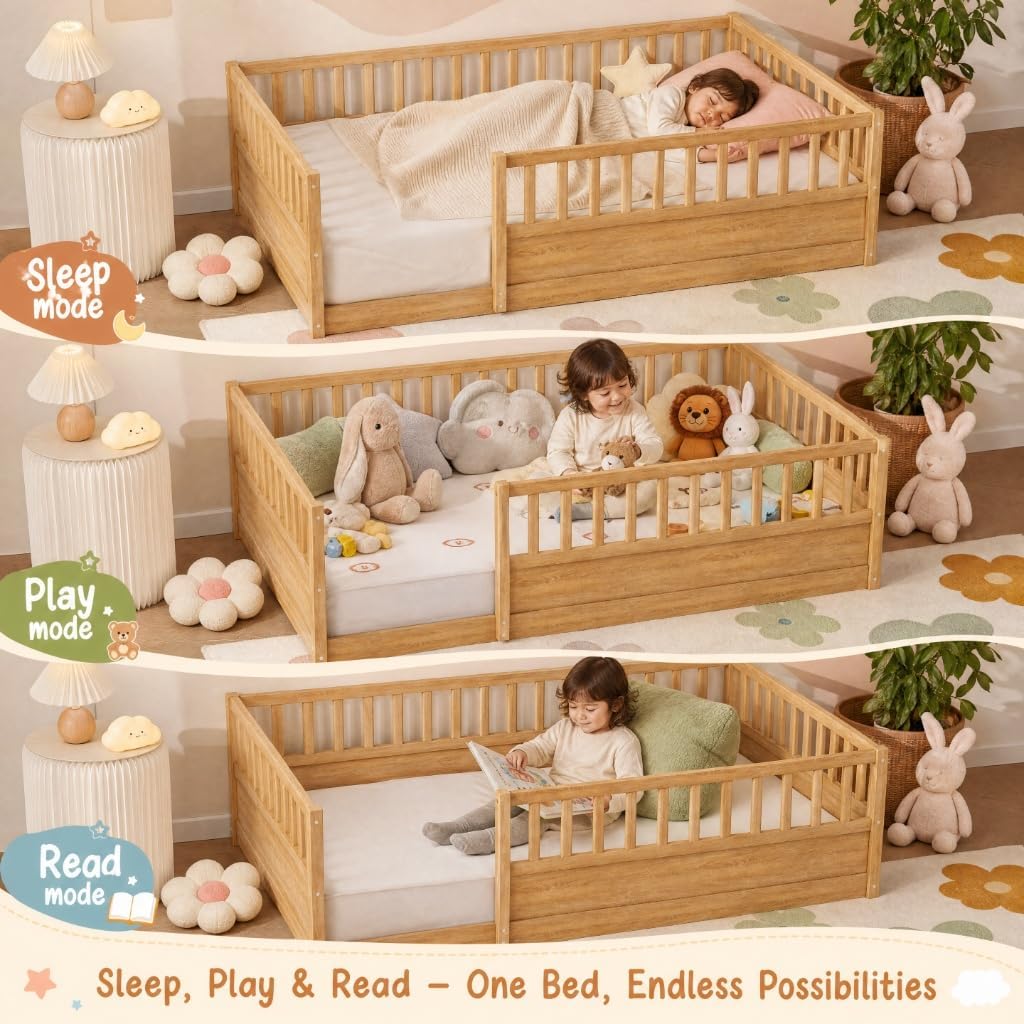 Floor Bed Frame with 21.4" High Fence, Solid Wood Montessori Floor Bed for Kids, Low to Ground