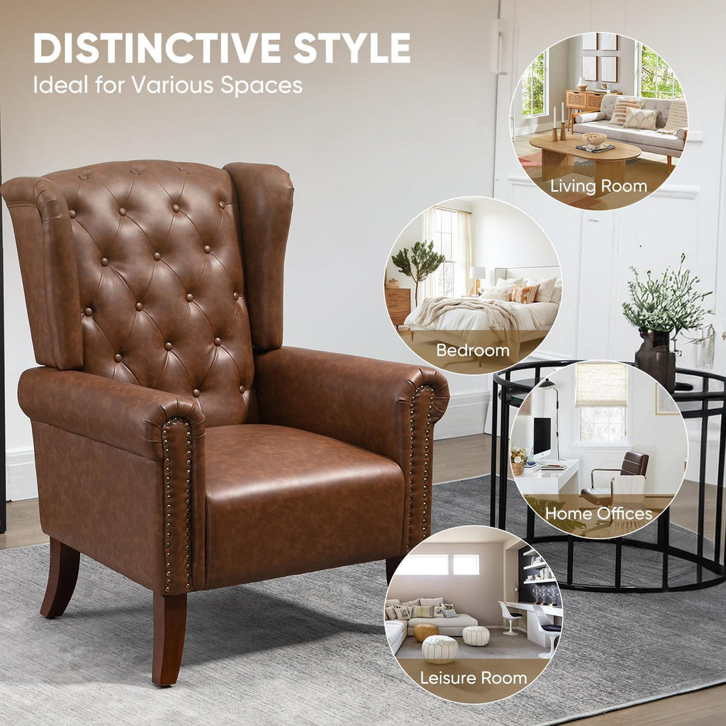 Mid-Century PU Leather Accent Chair, Living Room Lounge Sofa Chair with Buttons, Single Club Armchair with Rivet Trim