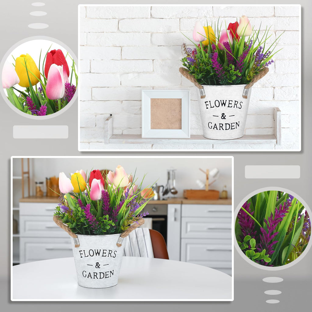 Summer Spring Flower Table Centerpiece, 10" Tall Fake Tulips Lavender in Vase Farmhouse Floral Arrangement Artificial