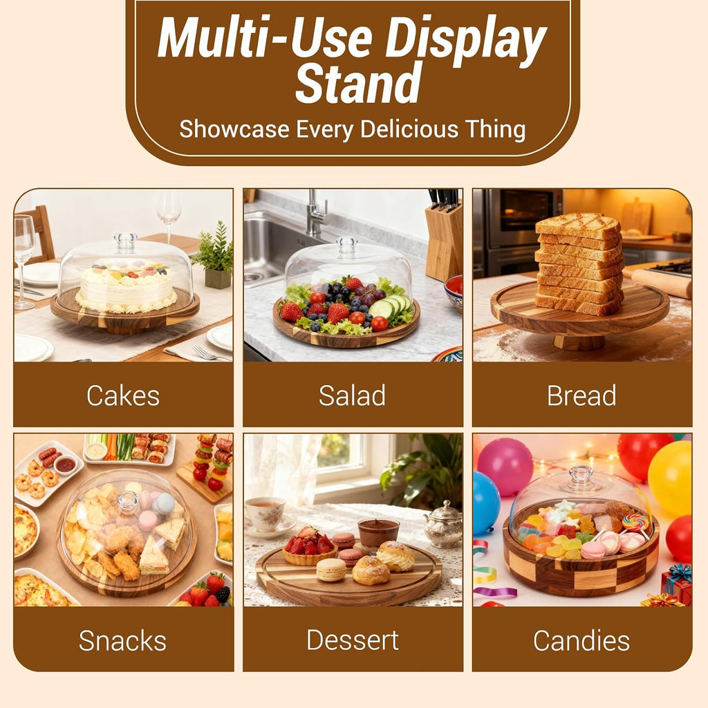 Acacia Wood Cake Stand with Lid | 12 Inch Wooden Cake Stand with Acrylic Dome & 2-in-1 Design | Multi-Purpose Dessert