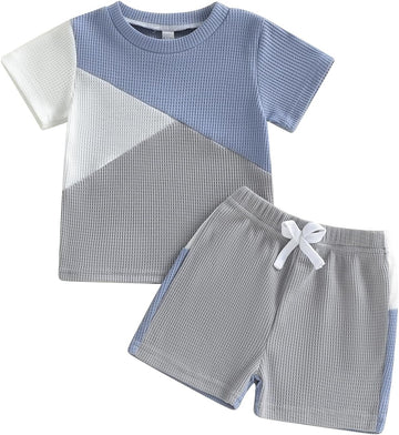 Toddler Baby Boy Summer Clothes Waffle Contrast Short Sleeve T-shirt Tops with Elastic Waist Shorts Sets Outfits