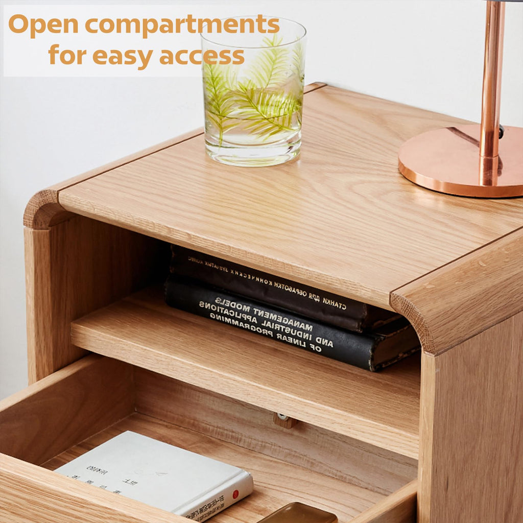 Solid Oak Wood Nightstand with Drawer & Open Shelf, Small