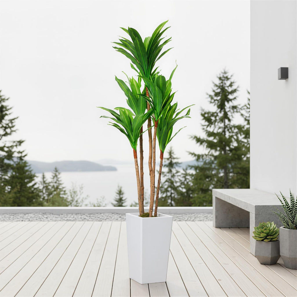 4.8ft Artificial Dracaena Tree in White Tall Planter, Tall Artificial Plants for Indoor and Outdoor Fake Tree