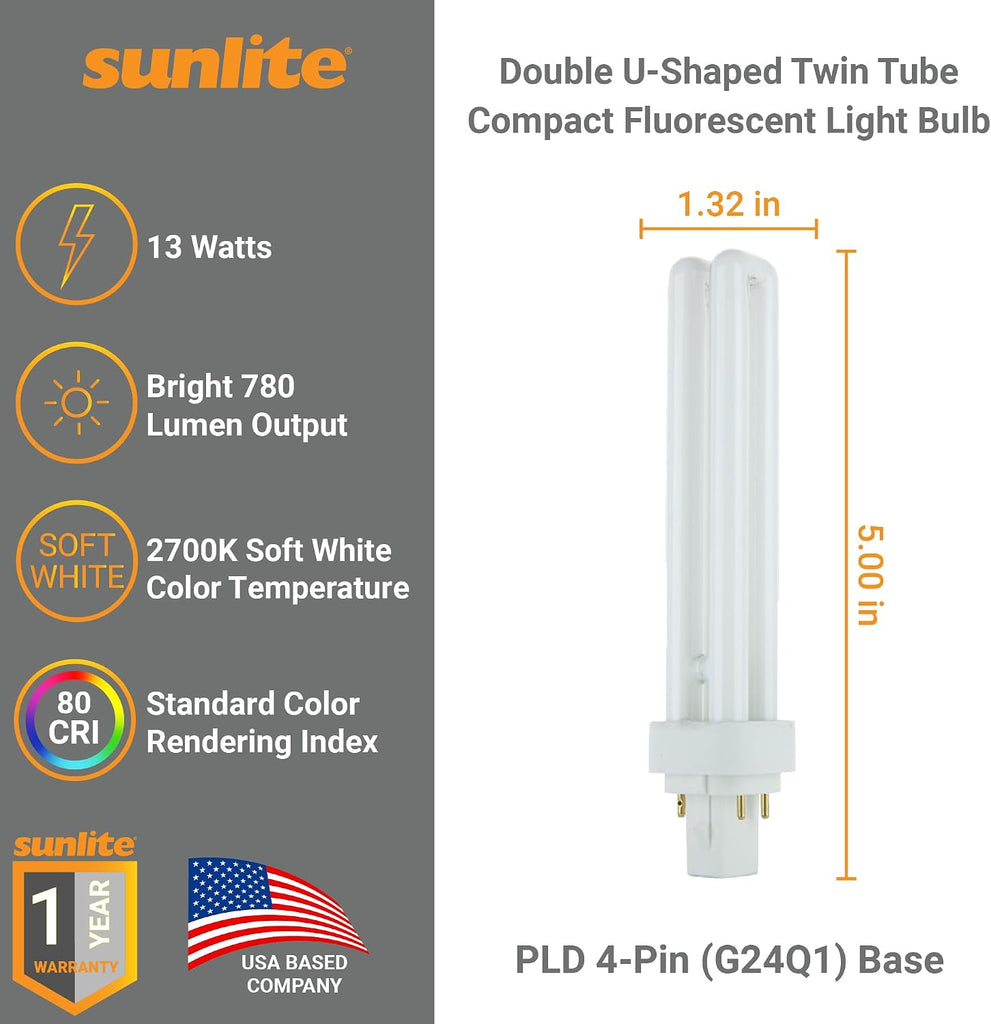 Compact Fluorescent PLD 4-Pin Double U-Shaped Twin Tube, 13 Watts, 120 Volts, 780 Lumens, 2700K Soft