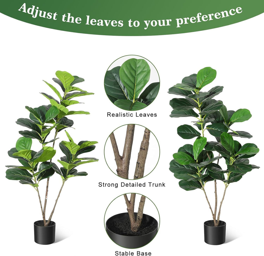 4FT Fiddle Fig Artificial Tree Faux Floor Plant with Black Planter Pot, Potted Fake Fiddle Fig Tree for Indoor