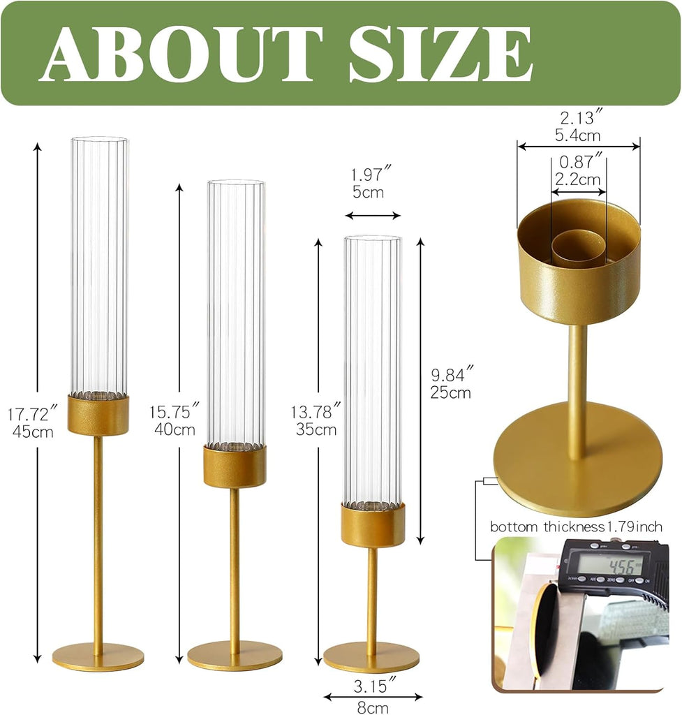Gold Glass Hurricane Taper Candle Holders Bulk Set of Tall Ribbed Glass Cylinder Candlestick Holders for Wedding