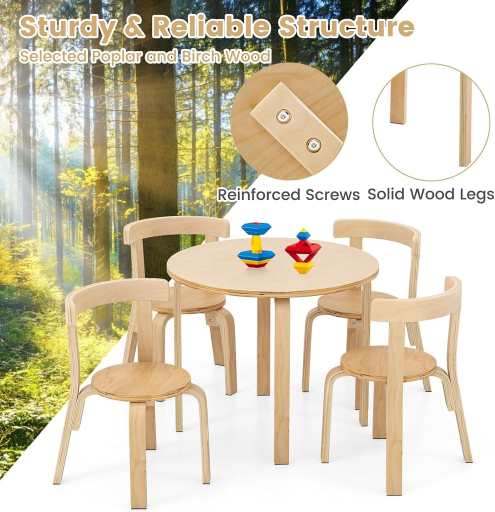 Kids Table and Chairs, Brich Round Toddler Table and Chair Set with Toy Bricks, Smooth Surfaces & Ergonomic Backrest