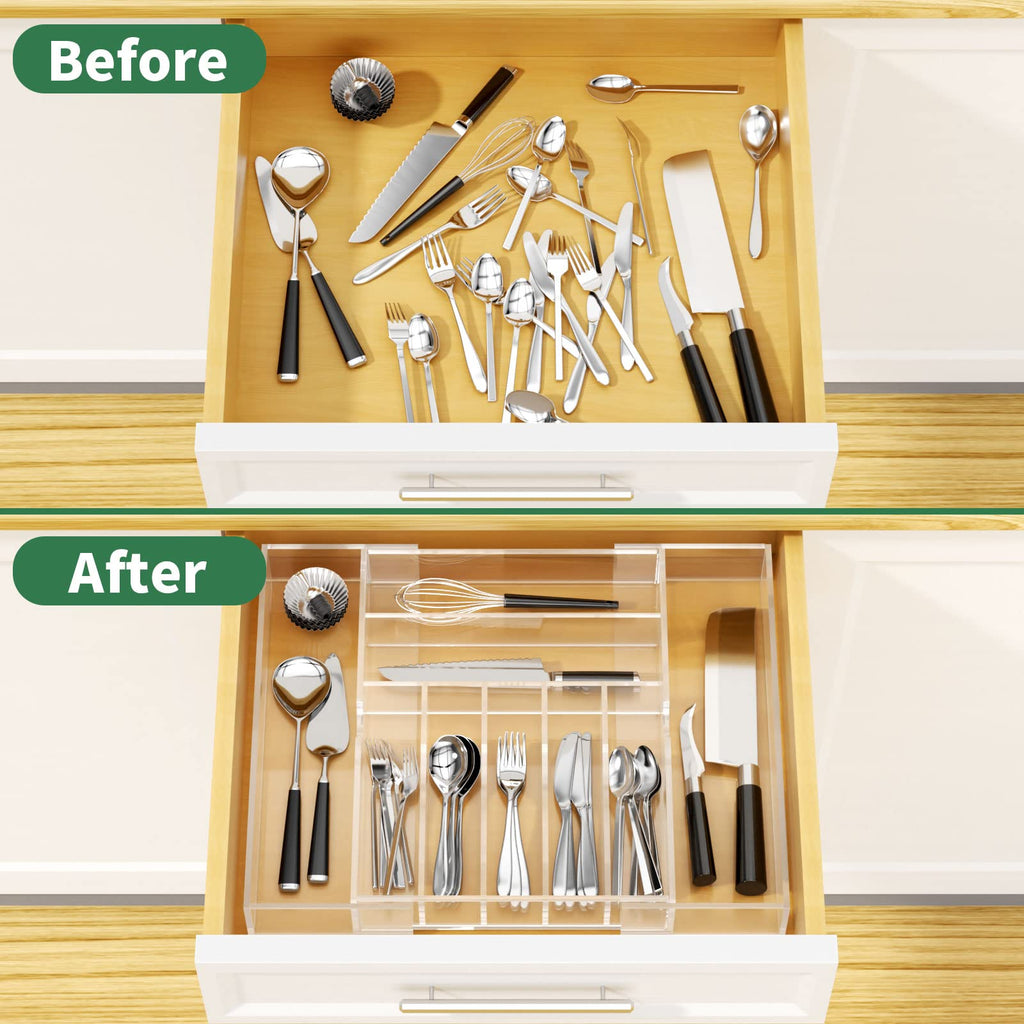 Acrylic Utensil Silverware Tray for Drawer, Clear Cutlery Organizer