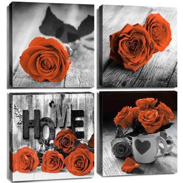 Farmhouse Flower Wall Art Burnt Orange Rose Pictures Couple Bedroom Wall Decor Rustic Nature Paintings Black and