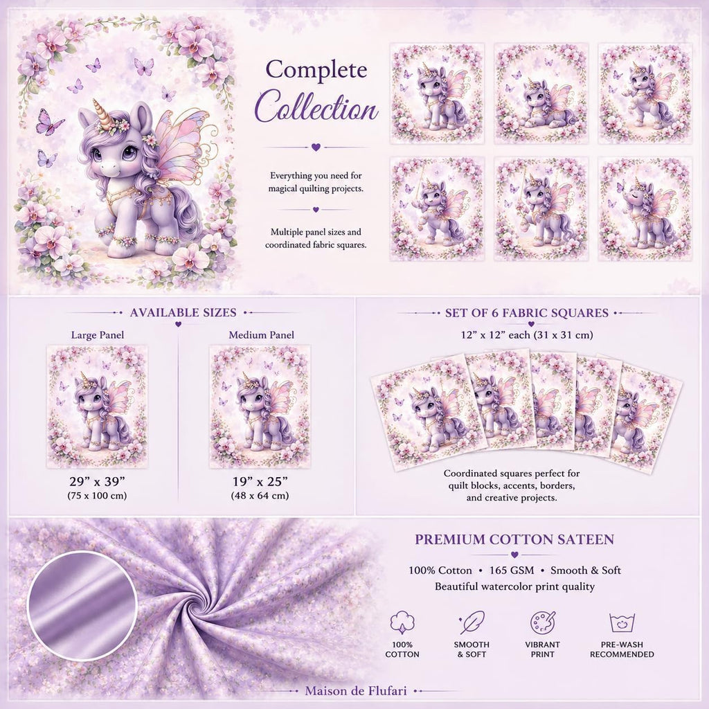Purple Unicorn Fabric Panel for Quilting, 100% Cotton Sateen, Fairy Unicorn, Baby Girl Nursery (19x25 inches)