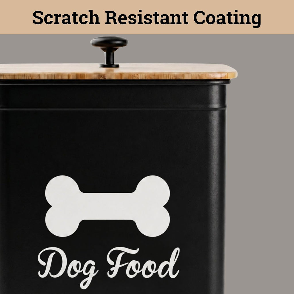 Metal Dog Food Container 5-7lb, 25 Cup w/ Airtight Bamboo Lid, Metal Handle