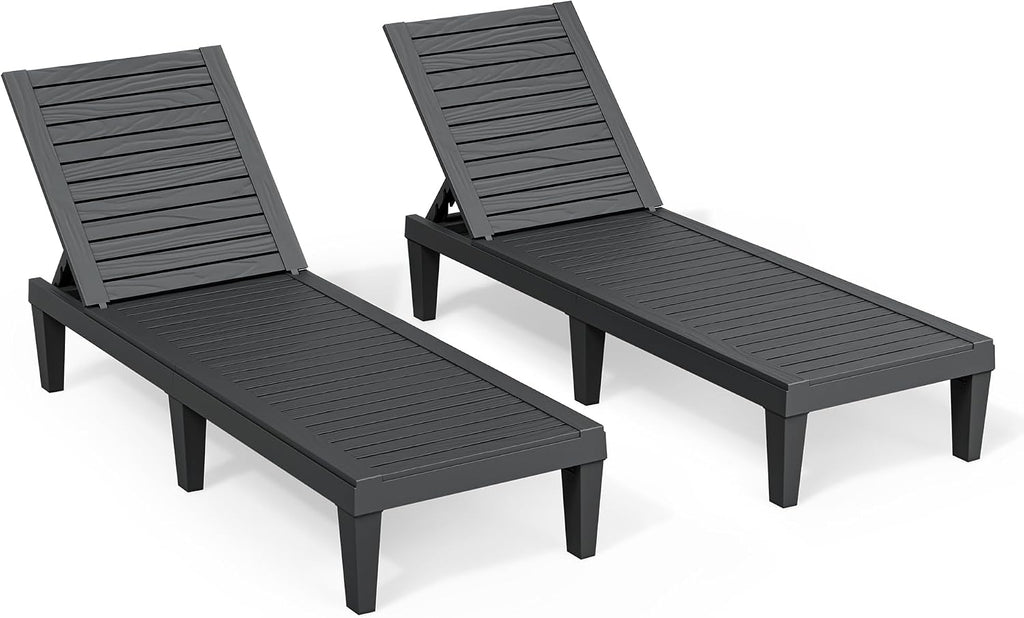 Outdoor Lounge Chairs Set of 2, 5-Position Adjustable Tanning Chairs with Wood Grain, All-Weather Res Recliners for