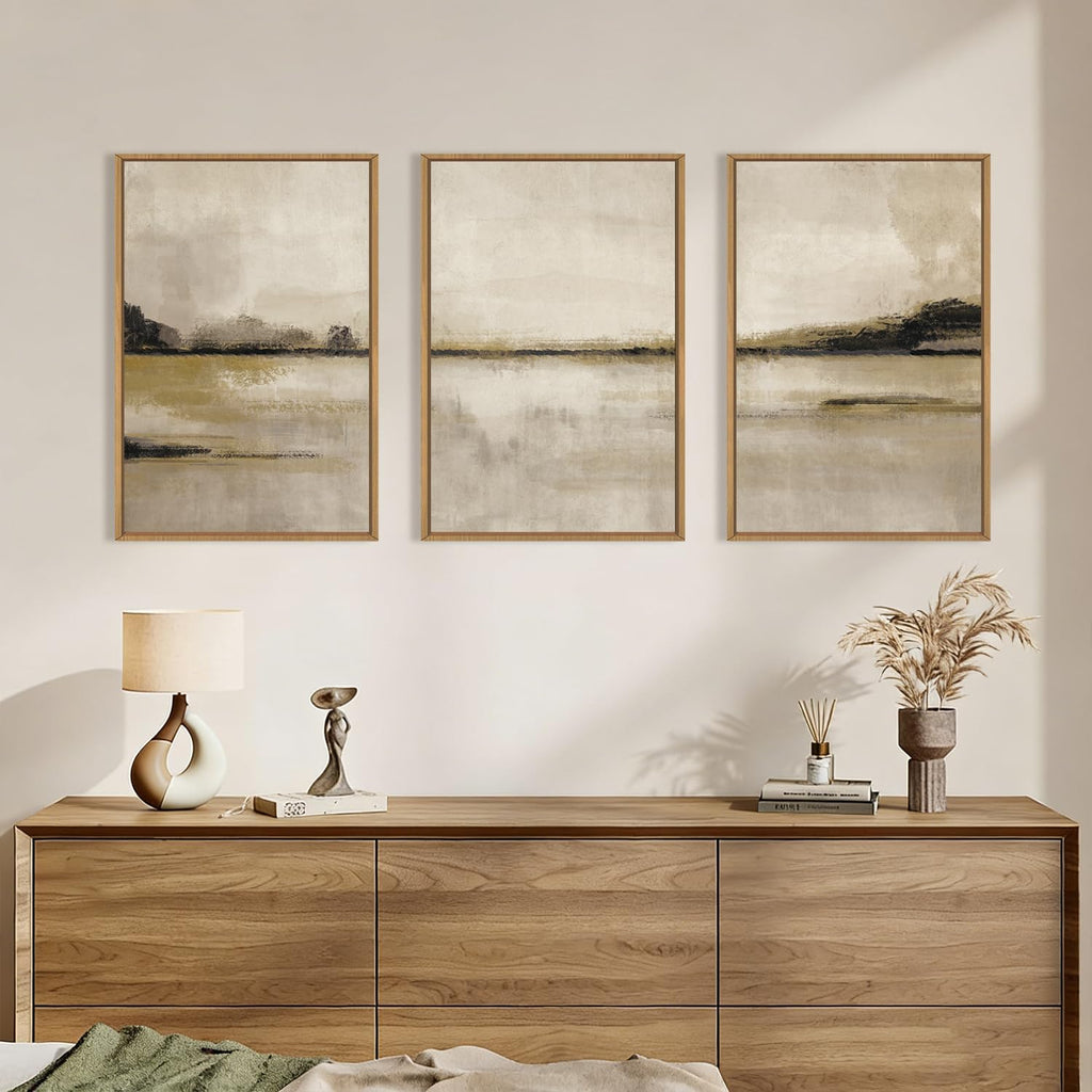 Neutral Abstrcat Landscape Framed Canvas Wall Art Set, Retro Mountain Lake Wall Decor, Vintage Tan Scenery Art