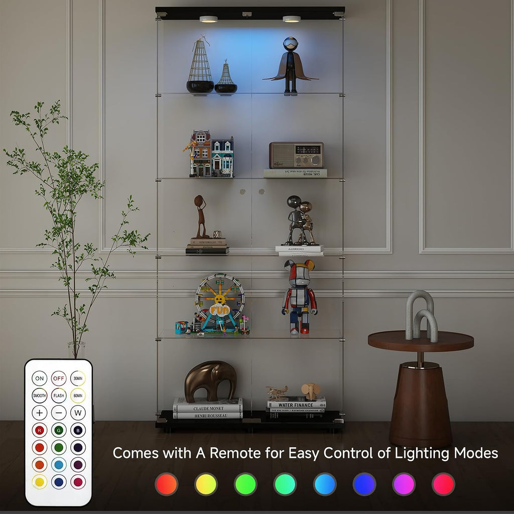 Glass Display Cabinet 5-Tier with LED Lights, Double Door, Black | Curio Cabinet with Glass Doors and Lock, Glass